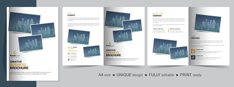 Bifold brochure template design, brochure template layout design, minimal business brochure design, annual report minimal company profile design, editable brochure template layout.