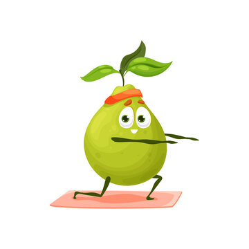 Pear or green tropical guava doing sport exercise on fitness pilates yoga mat isolated. Vector ripe garden or forest pear edible tropical fruit. Exotic food dessert, lemon guava in sportive band