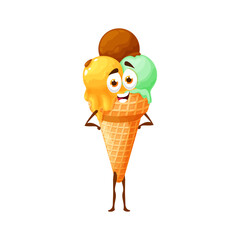 Emoticon ice cream lemon, mint and chocolate scoops in waffle cone isolated funny cartoon character. Vector kawaii summer dessert, creamy fruity ice-cream balls in wafer cone. Fastfood cute emoji