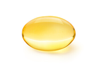 Golden color oil in soft gel capsule isolated on white background. Clipping path - obrazy, fototapety, plakaty
