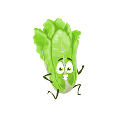 Chinese cabbage vegetable cartoon character. Vector lettuce running exercises, healthy lifestyle and sport recreation. Vegetable natural food mascot run or jog workout, kale marathon competition