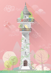 Tour du château médiéval de la princesse du conte Raiponce Rapunzel, illustration couleurs douces,balcon avec plantes, style flat design avec ombre portée, vecteur adaptable, histoire pour les enfants