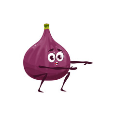 Cartoon fig fruit character. Happy smiling ripe fruit personage with happy smiling face doing squats training, vector funny fig character. Comic food mascot doing doing fitness exercises © Vector Tradition