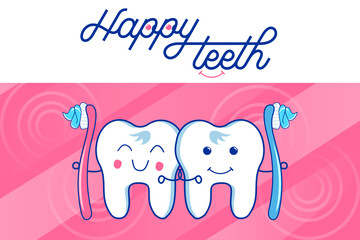 Happy Teeth Mascot, Cartoon teeth holding a toothbrush. Cute tooth brushing cartoon with smiley face. Dental care concept. Illustration isolated on colored background.