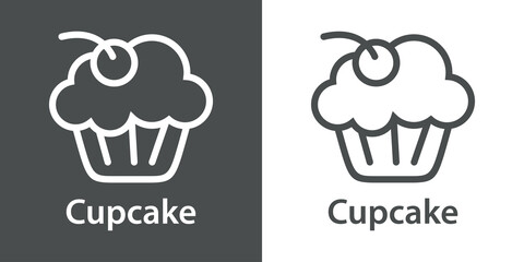 Logotipo con texto Cupcake con magdalena con cereza con líneas en fondo gris y fondo blanco