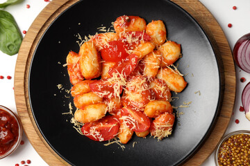 Concept of tasty food with gnocchi, top view