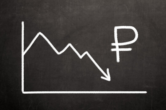 The Ruble symbol next to a financial graph of a falling stock market. Concept on the financial, economic and political crisis in the world due to the outbreak of the war.