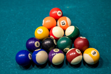 American colour pool balls on billiards table as commonly used starting position