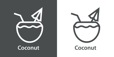 Beach bar. Logo bebida de agua de coco. Banner con texto Coconut con coco con parasol con líneas en fondo gris y fondo blanco © teracreonte