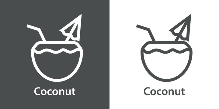 Beach bar. Logo bebida de agua de coco. Banner con texto Coconut con coco con parasol con líneas en fondo gris y fondo blanco