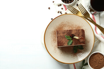 Concept of tasty dessert with Tiramisu cake, space for text