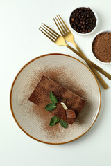 Concept of tasty dessert with Tiramisu cake, top view