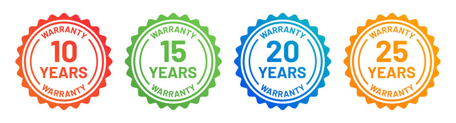 10, 15, 20 and 25 years warranty tag and guarantee seals vector icons set.