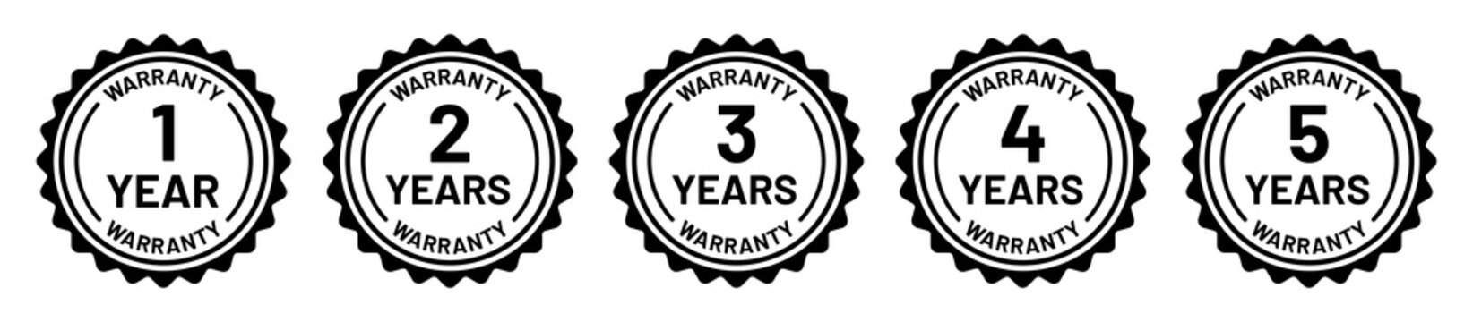 Warranty icon set, containing 1, 2, 3, 4 and 5 years seal guarantee certificate symbol isolated on white background.
