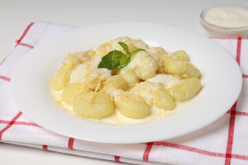 Concept of tasty food with gnocchi, close up