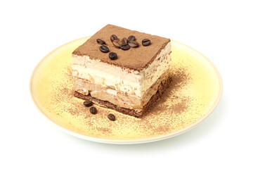 Plate with Tiramisu cake isolated on white background