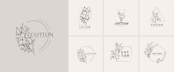 Cotton plant logo and branch. Hand drawn line wedding herb, elegant leaves for invitation save the date card. Botanical rustic trendy greenery - obrazy, fototapety, plakaty