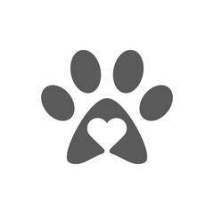 Dog paw print track with heart. Black filled vector icon.