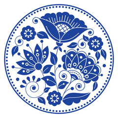 Swedish folk art vector mandala design pattern with flowers, leaves and swirls in frame inspired by the traditional embroidery from Scandinavia in navy blue
