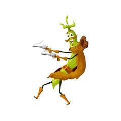 Cartoon green bean bandit or robber character. Funny vector pod cowboy ranger with steaming guns. Vegetable gangster wear cape, boots and hat, isolated fantasy food, western adventure game personage