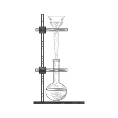 Sketch of a physics or chemical laboratory experiment and equipment. Vector pharmaceutical glass flasks, beakers and test tubes in old engraving style.