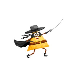 Cartoon mexican nachos character superhero in black hat and cape. Funny vector super hero tex mex snack in mask fence with rapier. Isolated fantasy personage, food of Mexico, courageous adventurer