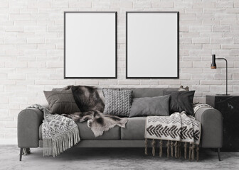 Two empty vertical picture frames on white brick wall in modern living room. Mock up interior in contemporary style. Free space for picture, poster. Sofa, console, lamp. 3D rendering.