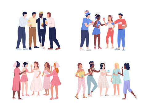 Friends Having Fun At Party Semi Flat Color Vector Characters Set. Standing Figures. Full Body People On White. Celebration Simple Cartoon Style Illustration For Web Graphic Design And Animation Pack