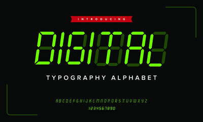 Digital clock number green alphabet. Numeric technology led modern simple typography. Isolated vector