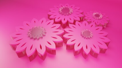 Abstract flowers on pink background in glassmorphism style 3d render