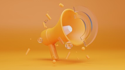 Megaphone icon on orange background. 3D-rendering