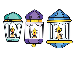 Collection of Arabic Lamp Islamic Color Doodle Illustration