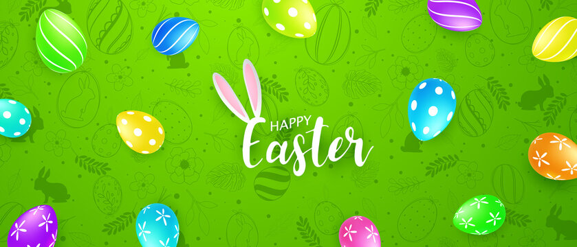 Happy Easter with realistic decorated eggs. beautiful design vector illustration