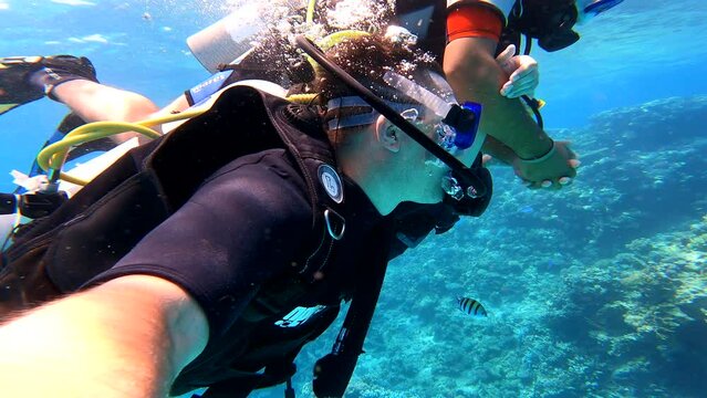 Three men scuba-dived into the sea in search of a coral reef. Scuba divers in the sea.