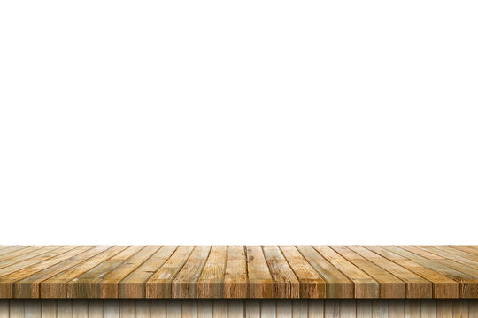 Empty old wood table on isolate white background and display montage with copy space for product.