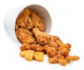 Fried chicken in paper bucket isolated on white background, Fried chicken on white With clipping path.	
