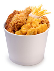 Fried chicken and Chicken nuggets in paper bucket isolated on white background, Fried chicken on white With clipping path.	
