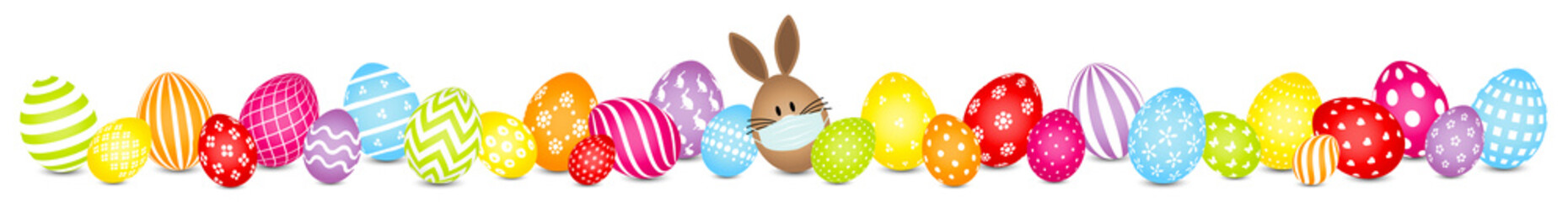 Braunes Hasenei Maske & 28 Bunte Ostereier Muster Banner