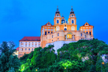 Melk, Austria. Benedictine abbey in Wachau valley at twilight.