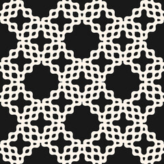 Vector abstract seamless curvy mesh pattern. Simple monochrome ornament texture with curved grid, wavy shapes, smooth crosses, lattice. Black and white ornamental background. Repeat tileable design