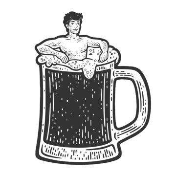 Man in bath glass of beer sketch engraving raster illustration. T-shirt apparel print design. Scratch board imitation. Black and white hand drawn image.