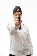 A beautiful young woman Russian police officer lieutenant colonel in dress uniform in a cap with a...