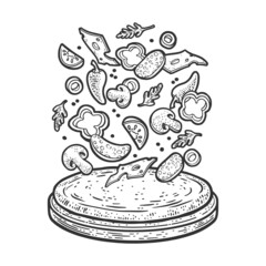 components of pizza sketch engraving raster illustration. T-shirt apparel print design. Scratch board imitation. Black and white hand drawn image.