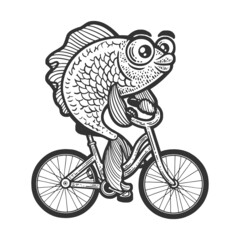 Naklejka premium Cartoon fish on bicycle sketch engraving raster illustration. T-shirt apparel print design. Scratch board imitation. Black and white hand drawn image.