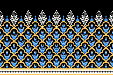 Blue Flower on Black, White, Yellow Geometric ethnic oriental pattern traditional Design for background,carpet,wallpaper,clothing,wrapping,Batik,fabric, illustration embroidery style - 489836495