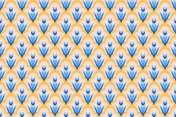 Blue Flower on Ivory, White, Yellow Geometric ethnic oriental pattern traditional Design for background,carpet,wallpaper,clothing,wrapping,Batik,fabric, illustration embroidery style - 489836496