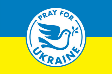 Pray for Ukraine peace banner with flag. Christian prayer and support sign for Ukrainian war with dove icon. Vector illustration.