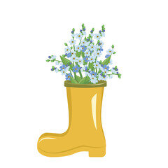 Pretty spring summer bouquet of small blue forget me not flowers with stems and leaves in yellow boot shaped vase. Interior Design. Plant shop. Vector illustration