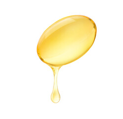 Oil dripping from soft gel capsule isolated on white background.