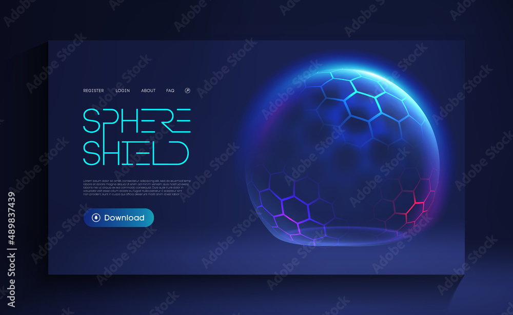 Poster sphere shield with hexagon pattern. virus protection bubble. sphere lines technology background. mag